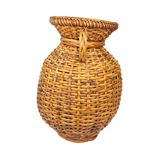 Farmhouse Vintage Boho Handwoven Rattan Amphora Basket For Sale - Image 3 of 9