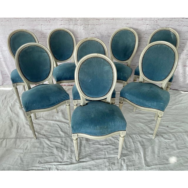 French Louis XVI Style Painted and Upholstered Dining Chairs Set of Eight For Sale In Tampa - Image 6 of 10
