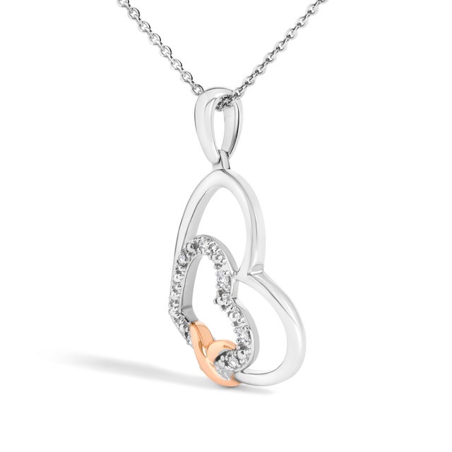 Haus of Brilliance .925 Sterling Silver Double Heart Pendant Necklace with Diamond and 10K Rose Gold Accent For Sale - Image 4 of 4