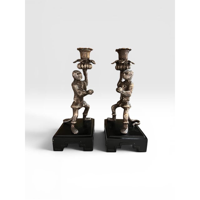 Vintage Castilian Imports Silver-Tone Monkey Opera Candlesticks – Pair, India, 1980s For Sale - Image 4 of 8