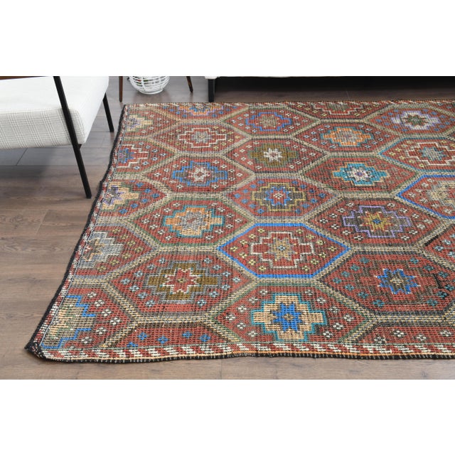 Abstract 1970s Vintage Turkish Oushak Handmade Wool Cotton Red Area Rug For Sale - Image 3 of 12