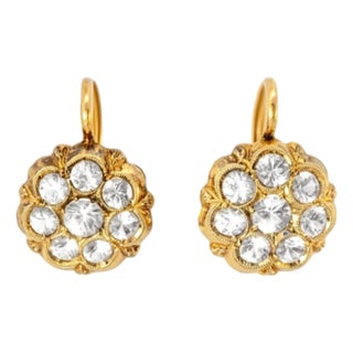 14K Yellow Gold Fianit Floral Leverback Earrings For Sale