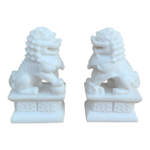 Vintage Chinoiserie White Stone Foo Dog Statues, Pair
