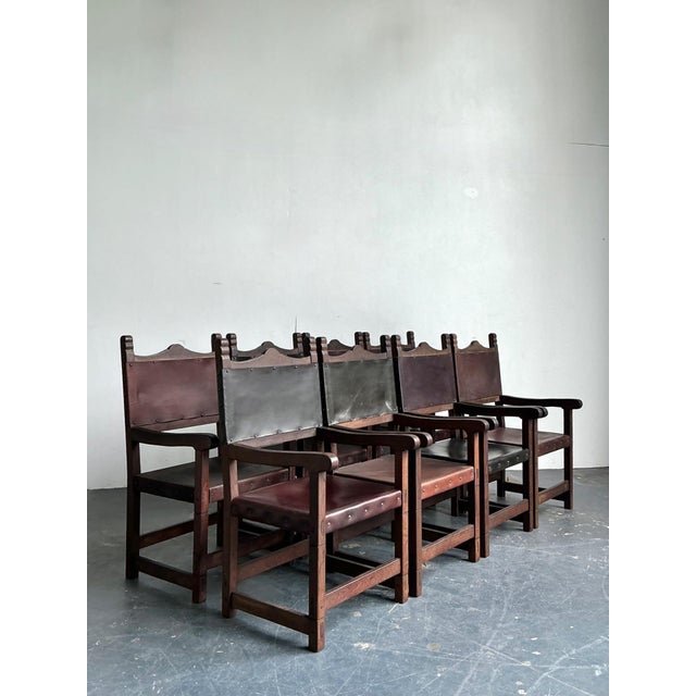 Vintage Spanish Leather and Wood Armchairs - Set of 6 For Sale - Image 13 of 14