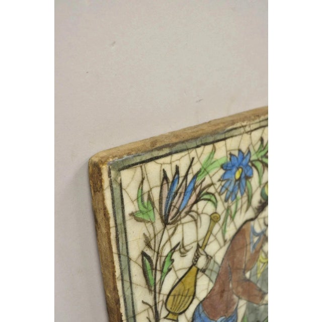Antique Persian Iznik Qajar Style Ceramic Pottery Tile Green Couple Embrace C1 For Sale In Philadelphia - Image 6 of 10