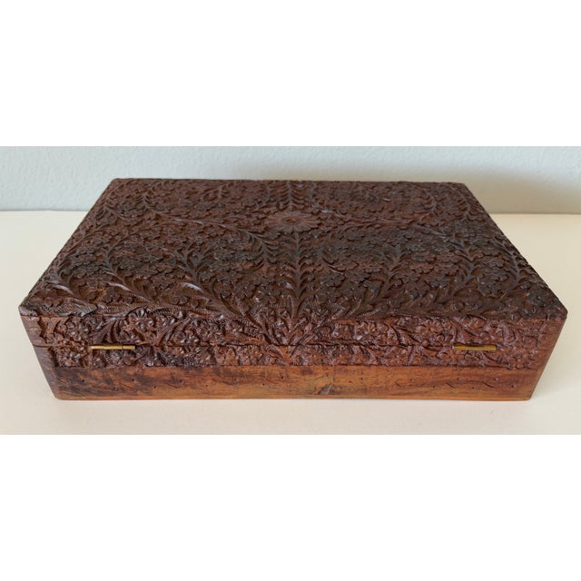 Brown Antique Anglo-Indian Kashmir Hand-Carved Wood Jewelry Box Velvet Lined 1920s For Sale - Image 8 of 18