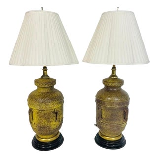 Pair of Frederick Cooper Yellow-Green Glazed Ceramic Table Lamps, Vintage Mid-Ce For Sale