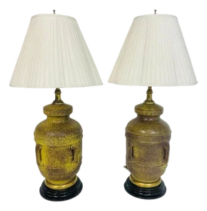 Pair of Frederick Cooper Yellow-Green Glazed Ceramic Table Lamps, Vintage Mid-Ce