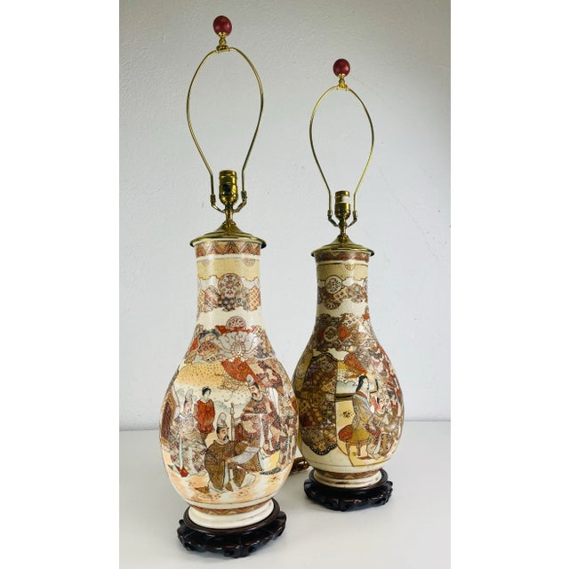 Vintage Hand Painted Large Satsuma Table Lamps. For Sale - Image 10 of 10