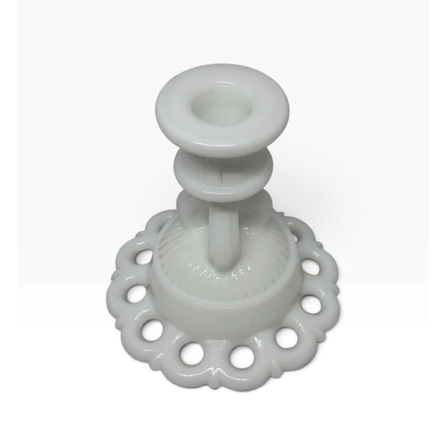 Mid 20th Century Mid-20th Century Westmoreland Milk Glass Doric Open Lace Candle Holders - A Pair For Sale - Image 5 of 12