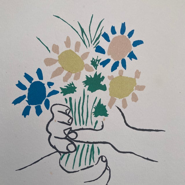 After Picasso's 1958 "Bouquet of Peace" Mid-Century Modern Vintage Lithograph Print - Gold Metal Frame For Sale - Image 6 of 12