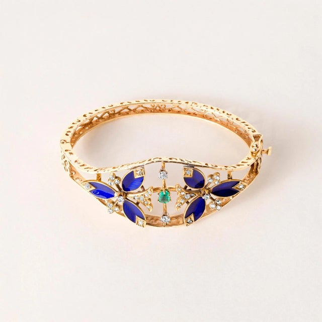Art Nouveau Vintage 14k Gold Emerald, Antique Cut Diamond and Cobalt Blue Enamel Bangle For Sale - Image 3 of 6