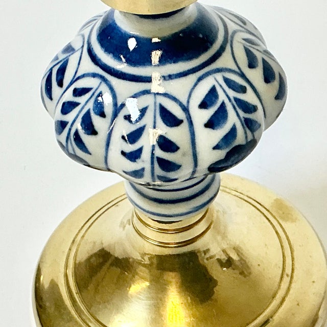 Mid-Century Boho Chic Hollywood Regency Ceramic Delft Blue & White, Brass Candle Holder For Sale - Image 4 of 11