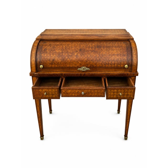 Wood Small Louis XVI Roll-Top Secretary Desk with Marquetry in Latticework Pattern, 1930s For Sale - Image 7 of 13