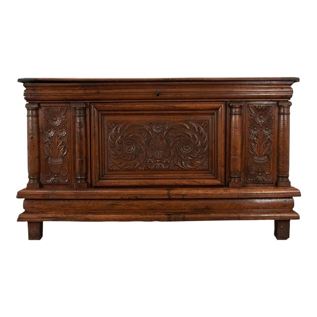 French 18th Century Solid Oak Carved Coffer-Trunk For Sale