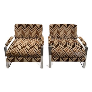 Pair of Milo Baughman Chrome and Plush Upholstered Club Chairs For Sale