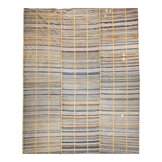 19th Century American Amish Rag Rug, Handwoven Wool & Cotton, Stripe Pattern, Tan & Pale Blue, 10x14 For Sale