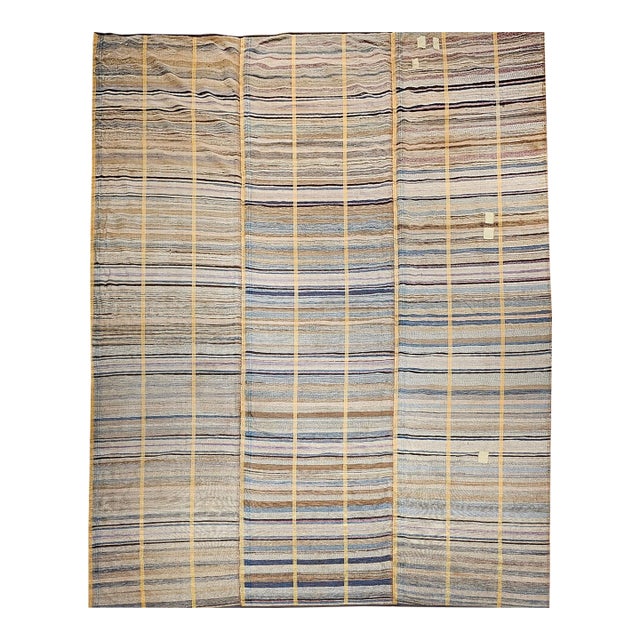 19th Century American Amish Rag Rug, Handwoven Wool & Cotton, Stripe Pattern, Tan & Pale Blue, 10x14 For Sale
