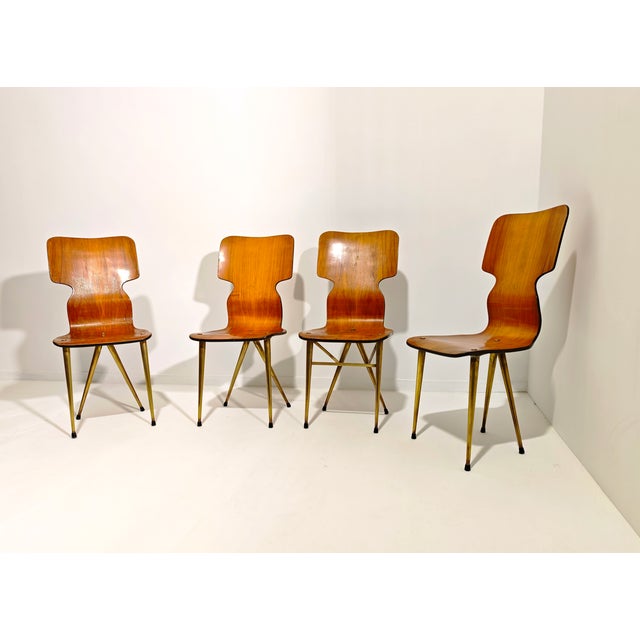 Curved Wooden Chairs with Brass Legs, 1970, Set of 4 For Sale - Image 4 of 18