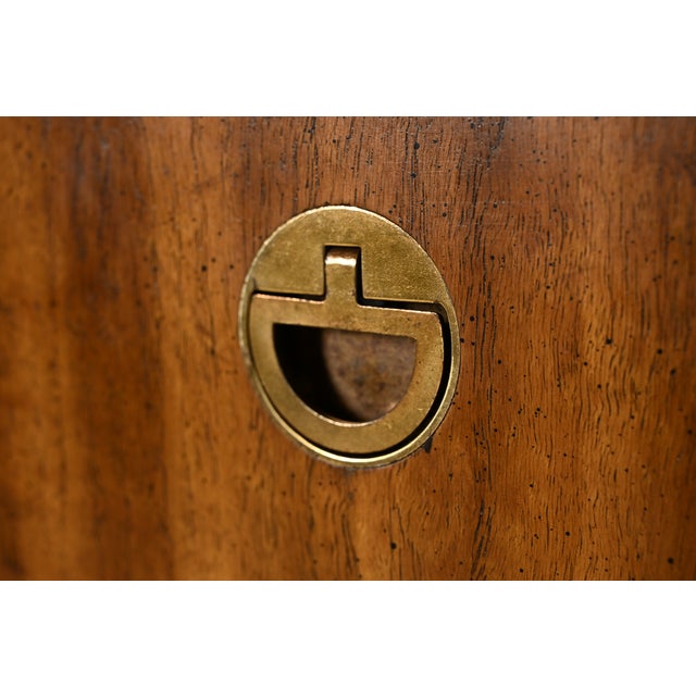 Wood Drexel Heritage Mid-Century Modern Hollywood Regency Campaign Walnut Highboy Dresser, 1970s For Sale - Image 7 of 15