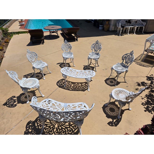 Victorian 1950s Victorian Garden Bistro Bench, Center Table & Six Chairs, For Sale - Image 3 of 9