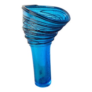 Simone Cenedese Murano Threaded Art Glass Vase, Cerulean Blue, C. 2000 For Sale
