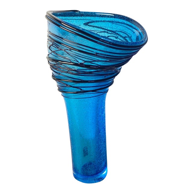 Simone Cenedese Murano Threaded Art Glass Vase, Cerulean Blue, C. 2000 For Sale