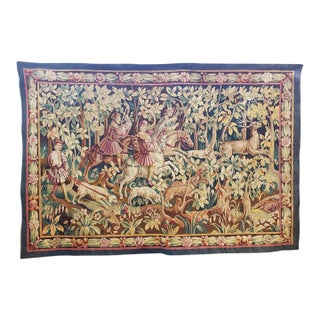 Antique French Wool & Silk Tapestry — Hunting Scene For Sale