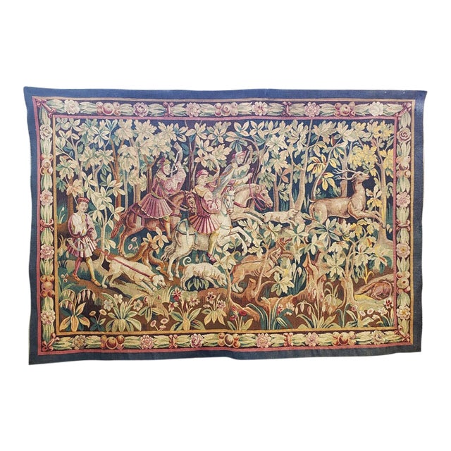 Antique French Wool & Silk Tapestry — Hunting Scene For Sale