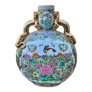Antique X-Large Chinese Famille Rose Moon Flask Gold Dragon Handles Marked 19th Century