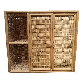 Vintage Wicker and Rattan Wall Cabinet With Shelves For Sale