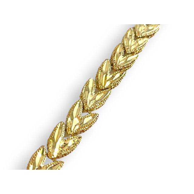 Modern 14k Yellow Gold Leaf Motif Stacking 7.5" Bracelet Etched Reflective Accents For Sale - Image 3 of 10