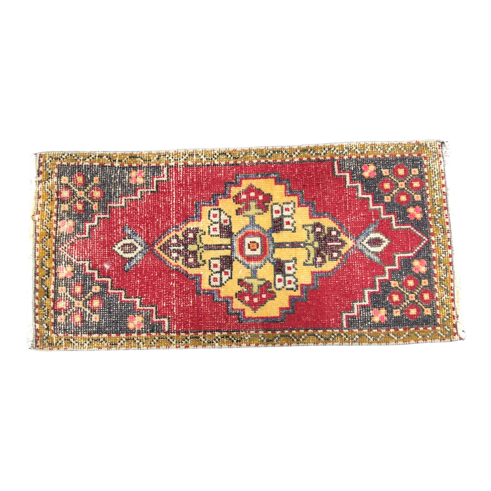 Vintage Rustic Turkish Handmade Red and Yellow Small Rug | Chairish