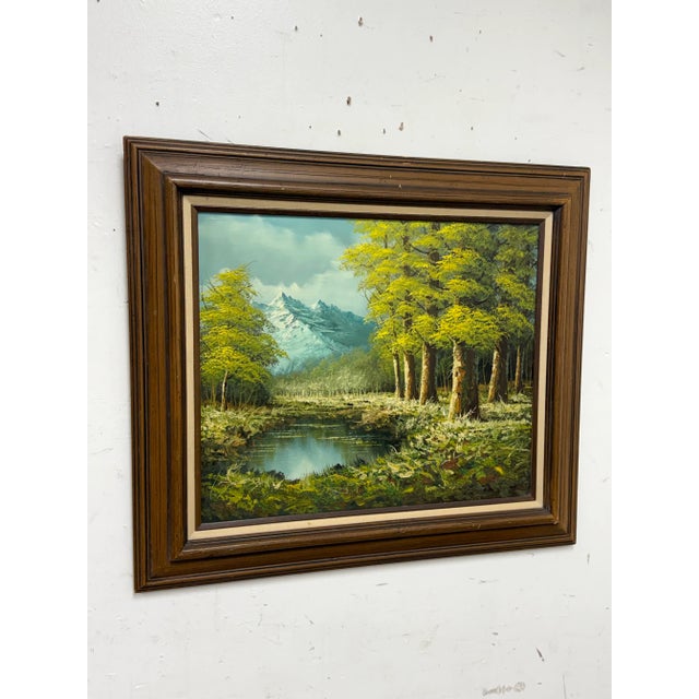 Mid-Century Modern Vintage Landscape of Mountainous Meadow With Stream, Framed + Signed For Sale - Image 3 of 12