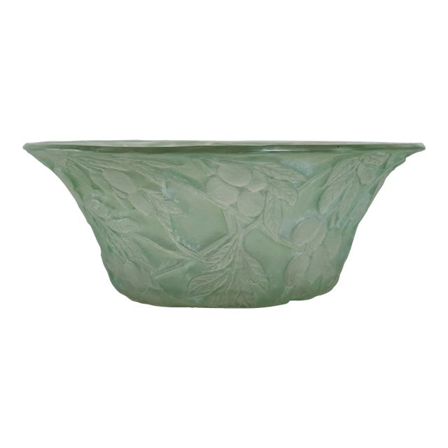 Antique Consolidated Glass in Green Wash With Olive Branch Design Bowl For Sale