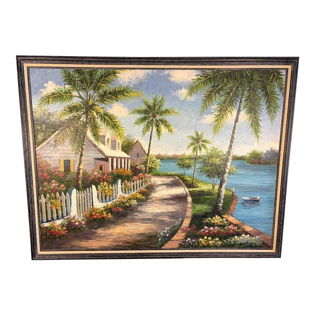 Large Mid-Century Style Coastal Tropical Palm Tree Landscape Oil Painting - Framed Fine Art For Sale
