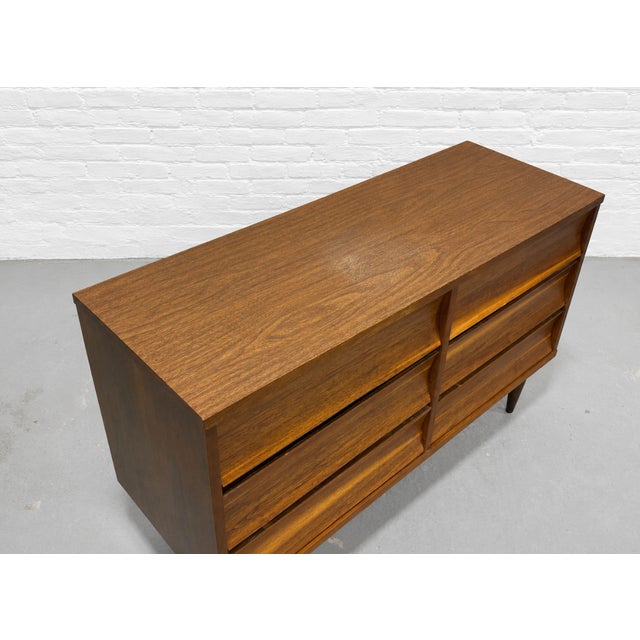Mid Century Modern Walnut Lowboy Dresser | Sculpted Front 6 Drawer Credenza | Refinished Vintage MCM Bedroom Storage Cabinet, C. 1960’s For Sale - Image 10 of 16
