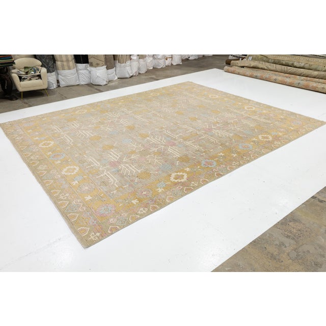 13 X 16 Modern Khotan Style Wool Rug Handmade in Beige With Geometric Pattern For Sale - Image 4 of 10