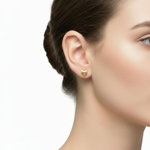 Metal Vintage 14k Gold Puffy Heart Florentine Finish Stud Earrings, Pair For Sale - Image 7 of 7