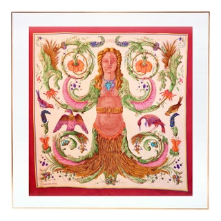 Framed Hermès Silk Scarf "Cérès" by Françoise Façonnet - Orange Gold Frame For Sale