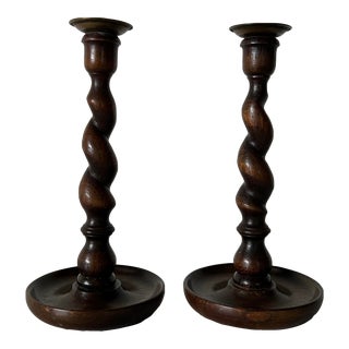English Carved Wood Barley Twist Candlesticks With Brass Candle Cups - a Pair For Sale