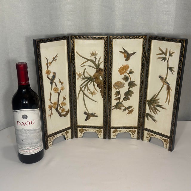 Chinoiserie Vintage Chinoiserie Tabletop Four Panel Screen For Sale - Image 3 of 12