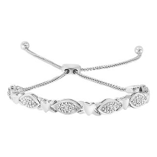 .925 Sterling Silver Diamond Accent Alternating Marquise Shape and Heart Links Bolo Bracelet (I-J Color, I3 Clarity) - Adjustable 6" to 9" For Sale