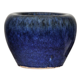 Vintage Chinese Blue-Glazed Ceramic Planter with Rounded Form and Brown Accents For Sale