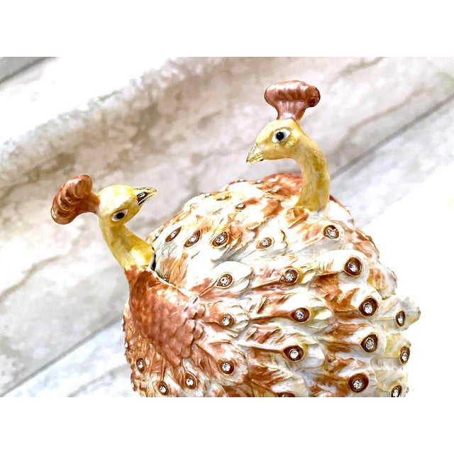 Pierre Lorren Handmade Faberge Egg Style Trinket Peacock Couple Fabergé Egg Style Austrian Crystal Diamond Pure Gold Deco Hand Painted For Sale - Image 9 of 16