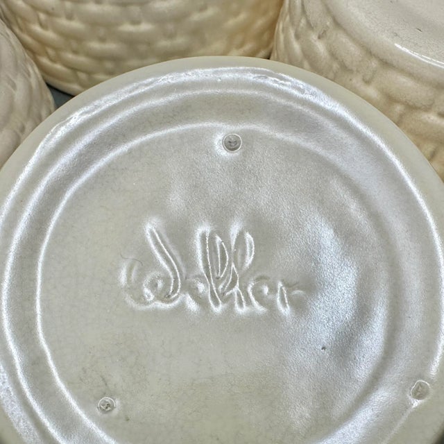 Beige Vintage 1930’s Weller Pottery “Pierre” Beige Stoneware Basketweave Handled Individual Casseroles/Tureens- Set of 7 For Sale - Image 8 of 8