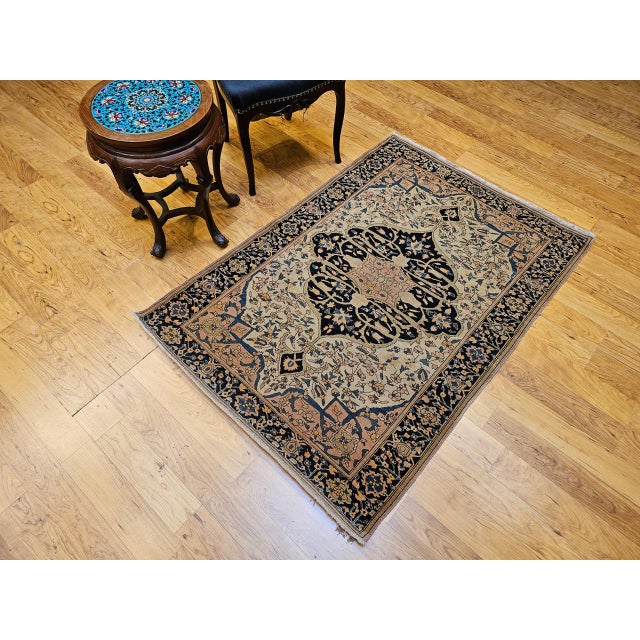 Textile 19th Century Persian Farahan Sarouk Rug, Hand-Knotted Wool, Floral Medallion Pattern, Ivory & Navy, 4x5 For Sale - Image 7 of 16