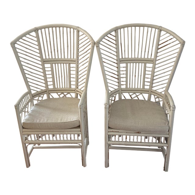 Vintage Brighton Pavilion Style White Lacquered Rattan Armchairs For Sale