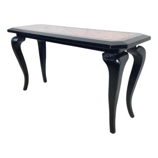 Vintage Postmodern Black Lacquer Console Table | Sculptural Leg Sofa Table For Sale