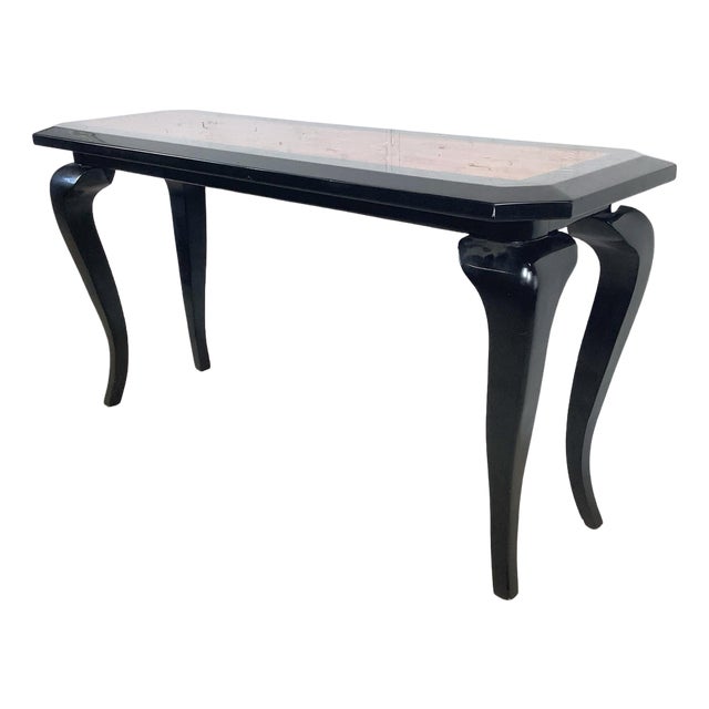 Vintage Postmodern Black Lacquer Console Table | Sculptural Leg Sofa Table For Sale